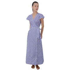 Royal Purple Grey And White Truchet Pattern Flutter Sleeve Maxi Dress by SpinnyChairDesigns