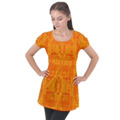 Orange Peel Abstract Batik Pattern Puff Sleeve Tunic Top by SpinnyChairDesigns