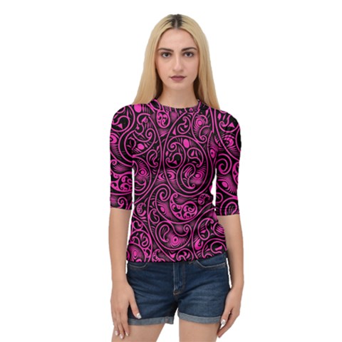 Hot Pink And Black Paisley Swirls Quarter Sleeve Raglan Tee by SpinnyChairDesigns