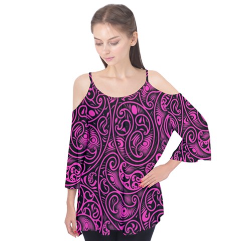 Hot Pink And Black Paisley Swirls Flutter Tees by SpinnyChairDesigns