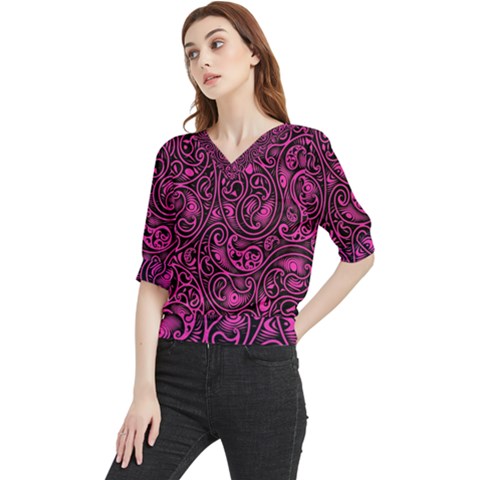 Hot Pink And Black Paisley Swirls Quarter Sleeve Blouse by SpinnyChairDesigns