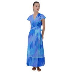 Aqua Blue Diamond Pattern Flutter Sleeve Maxi Dress by SpinnyChairDesigns