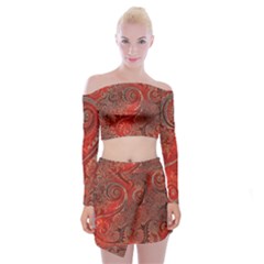 Scarlet Red Grey Brown Swirls Spirals Off Shoulder Top With Mini Skirt Set by SpinnyChairDesigns