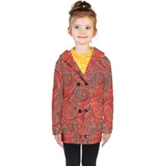 Scarlet Red Grey Brown Swirls Spirals Kids  Double Breasted Button Coat by SpinnyChairDesigns