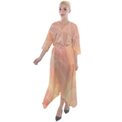 Coral Cream Abstract Art Pattern Quarter Sleeve Wrap Front Maxi Dress by SpinnyChairDesigns