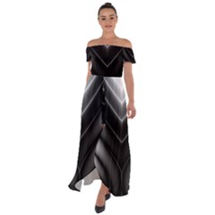 Black And Silver Pattern Off Shoulder Open Front Chiffon Dress by SpinnyChairDesigns