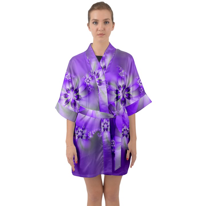 Violet Purple Flower Print Half Sleeve Satin Kimono 