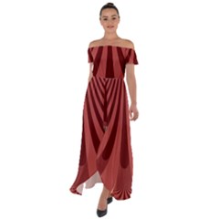 Vermilion Stripes Off Shoulder Open Front Chiffon Dress by SpinnyChairDesigns