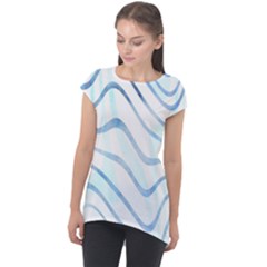 Faded Denim Blue Abstract Stripes On White Cap Sleeve High Low Top by SpinnyChairDesigns
