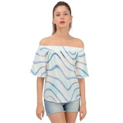 Faded Denim Blue Abstract Stripes On White Off Shoulder Short Sleeve Top by SpinnyChairDesigns