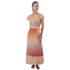 Vermilion Coral Sunset Gradient Ombre Flutter Sleeve Maxi Dress by SpinnyChairDesigns