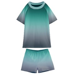 Teal Green And Grey Gradient Ombre Color Kids  Swim Tee And Shorts Set by SpinnyChairDesigns