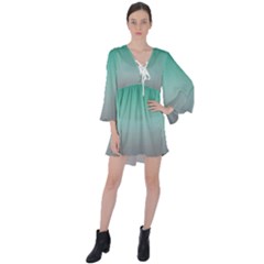 Teal Green And Grey Gradient Ombre Color V-neck Flare Sleeve Mini Dress by SpinnyChairDesigns