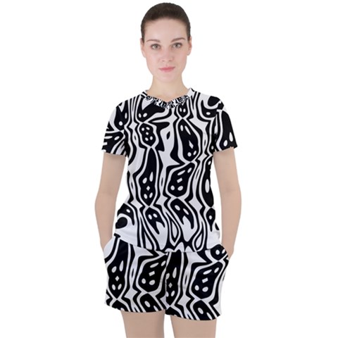 Black And White Abstract Stripe Pattern Women s Tee And Shorts Set by SpinnyChairDesigns