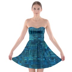 Blue Green Abstract Art Geometric Pattern Strapless Bra Top Dress by SpinnyChairDesigns