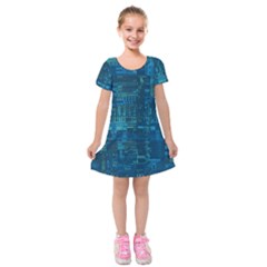 Blue Green Abstract Art Geometric Pattern Kids  Short Sleeve Velvet Dress by SpinnyChairDesigns