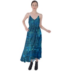 Blue Green Abstract Art Geometric Pattern Tie Back Maxi Dress by SpinnyChairDesigns