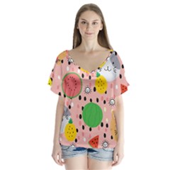 Cats And Fruits  V-neck Flutter Sleeve Top by Sobalvarro