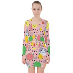 Cats And Fruits  V-neck Bodycon Long Sleeve Dress by Sobalvarro