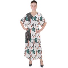 Seamless-cute-cat-pattern-vector V-neck Boho Style Maxi Dress by Sobalvarro