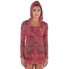 Indian Red Color Geometric Diamonds Long Sleeve Hooded T-shirt by SpinnyChairDesigns
