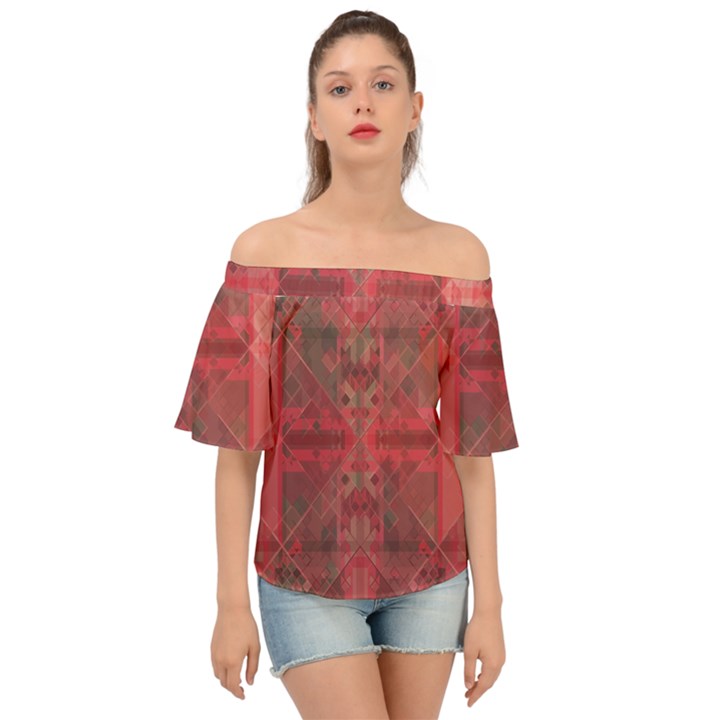 Indian Red Color Geometric Diamonds Off Shoulder Short Sleeve Top