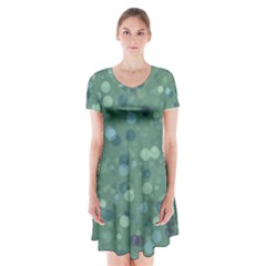 Green Color Polka Dots Pattern Short Sleeve V-neck Flare Dress by SpinnyChairDesigns