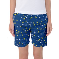 White Yellow Stars On Blue Color Women s Basketball Shorts by SpinnyChairDesigns
