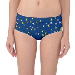 White Yellow Stars On Blue Color Mid-waist Bikini Bottoms by SpinnyChairDesigns