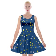 White Yellow Stars On Blue Color Velvet Skater Dress by SpinnyChairDesigns