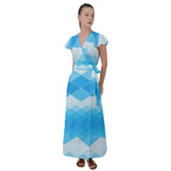 Light Blue And White Color Diamonds Flutter Sleeve Maxi Dress by SpinnyChairDesigns