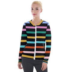 Colorful Mime Black Stripes Velour Zip Up Jacket by tmsartbazaar