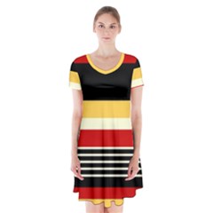 Contrast Yellow With Red Short Sleeve V-neck Flare Dress by tmsartbazaar