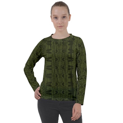 Army Green Color Batik Women s Long Sleeve Raglan Tee by SpinnyChairDesigns