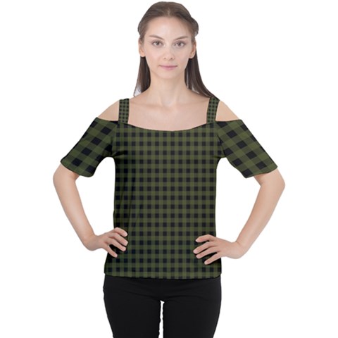 Army Green Black Buffalo Plaid Cutout Shoulder Tee by SpinnyChairDesigns