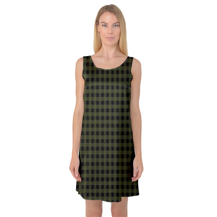 Army Green Black Buffalo Plaid Sleeveless Satin Nightdress