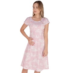 Ballet Pink White Color Butterflies Batik  Classic Short Sleeve Dress by SpinnyChairDesigns
