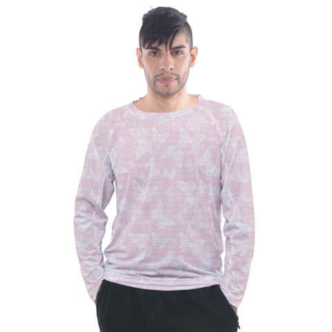 Ballet Pink White Color Butterflies Batik  Men s Long Sleeve Raglan Tee by SpinnyChairDesigns