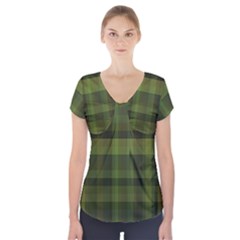 Army Green Color Plaid Short Sleeve Front Detail Top by SpinnyChairDesigns