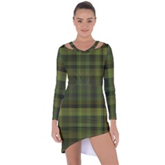 Army Green Color Plaid Asymmetric Cut-out Shift Dress by SpinnyChairDesigns