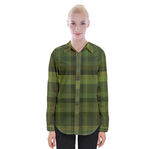 Army Green Color Plaid Womens Long Sleeve Shirt by SpinnyChairDesigns