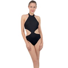 True Black Solid Color Halter Side Cut Swimsuit by SpinnyChairDesigns