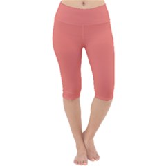 True Coral Pink Color Lightweight Velour Cropped Yoga Leggings by SpinnyChairDesigns