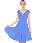 True Cornflower Blue Color Cap Sleeve Front Wrap Midi Dress