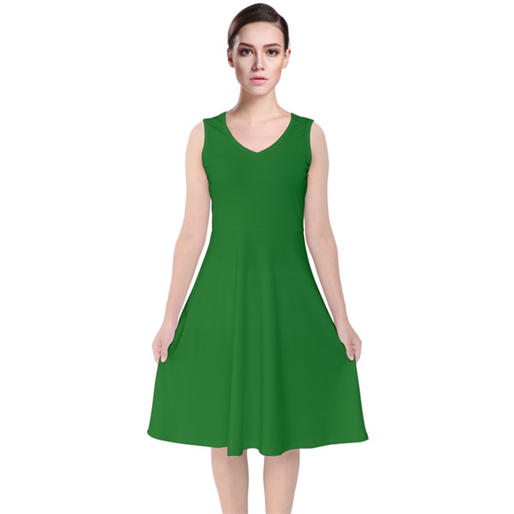 True Emerald Green Color V-Neck Midi Sleeveless Dress 