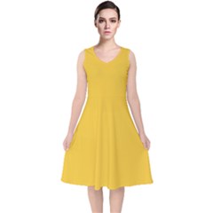 True Saffron Yellow Color V-neck Midi Sleeveless Dress  by SpinnyChairDesigns