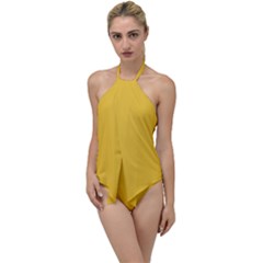 True Saffron Yellow Color Go With The Flow One Piece Swimsuit by SpinnyChairDesigns