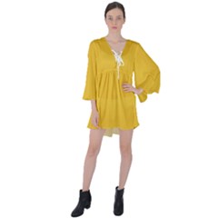 True Saffron Yellow Color V-neck Flare Sleeve Mini Dress by SpinnyChairDesigns