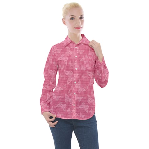 Blush Pink Butterflies Batik Women s Long Sleeve Pocket Shirt by SpinnyChairDesigns