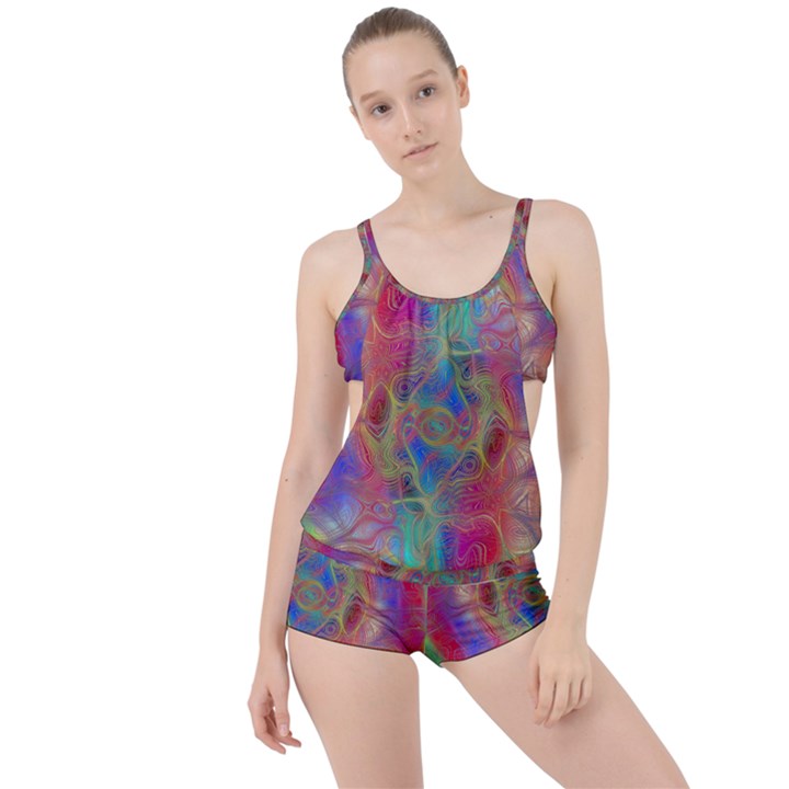 Boho Tie Dye Rainbow Boyleg Tankini Set 